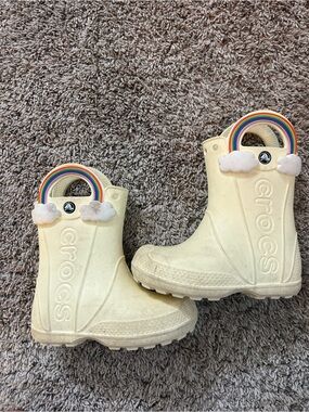 CROCS Cream Kids Rain Boots with Rainbow Handles